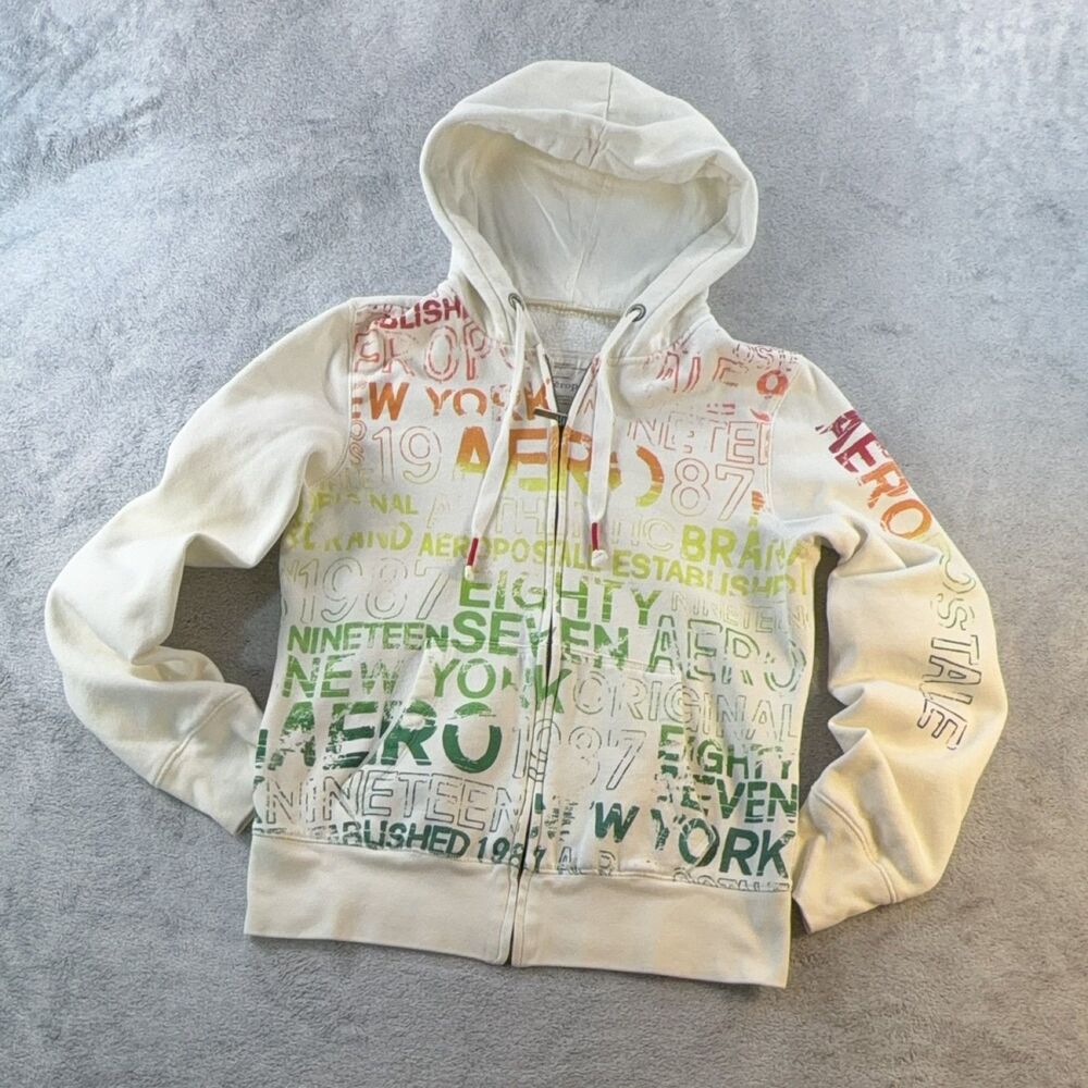 Aéropostale Zip-Up Hoodie Youth Large White Fleece Graphic Logo Full Zip